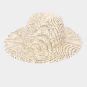 Pearl Trim Straw Fedora Hat